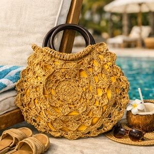 RARE Flora Bella Yellow Crocheted Raffia Boho Mandala Bag with Ring Handles